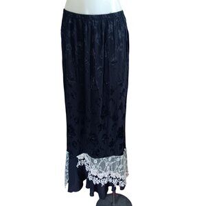 Vintage Boho Goth skirt sz 14 Black Floral Jacquard Maxi Lace Trim Elastic Waist